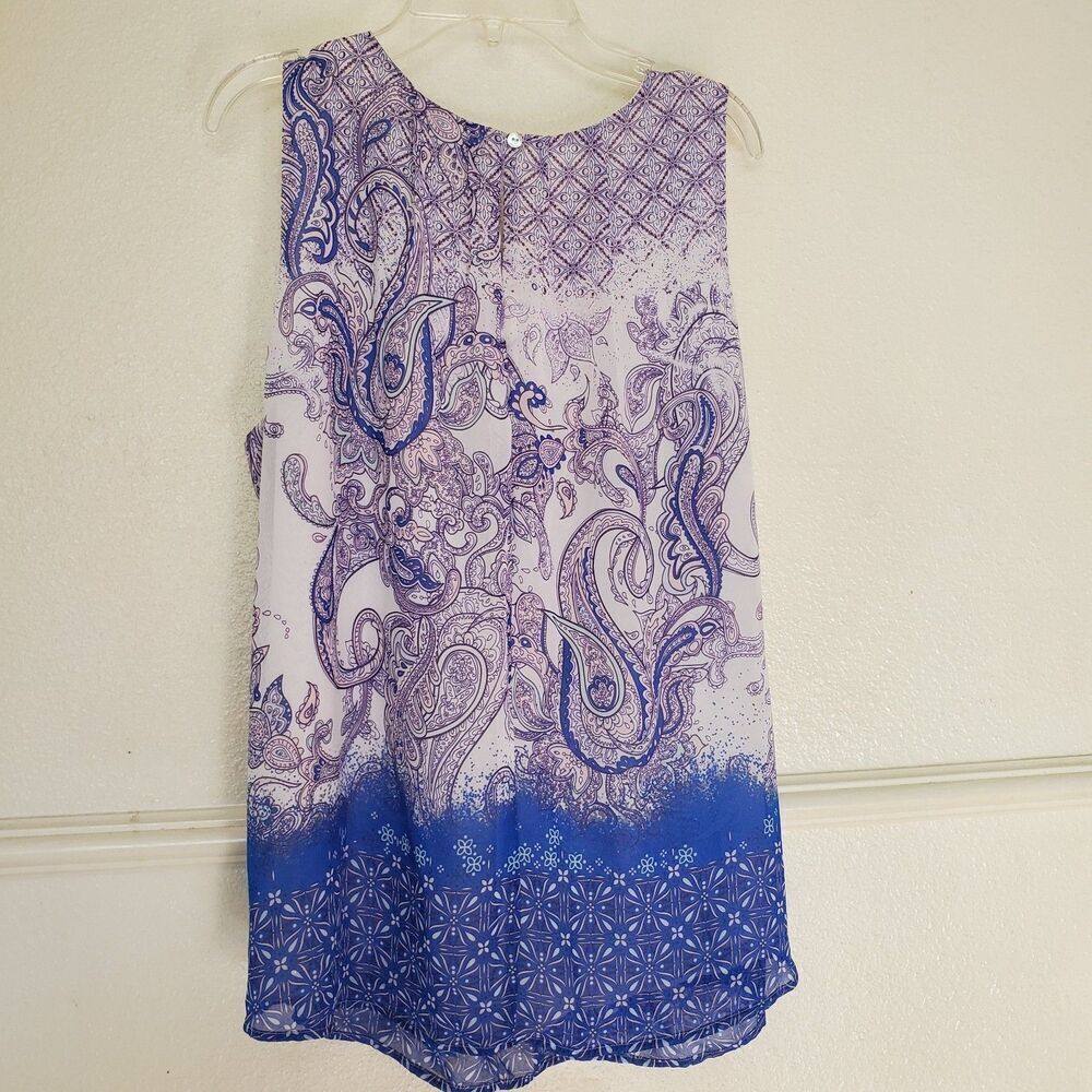 Daniel Rainn Top Sleeveless Pullover Blouse L White Purple Sheer Lined Paisley - Picture 7 of 14